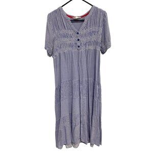 Cactus + Pearl Midi Dress Size Large Strip Tiered Skirt VNeck Blue White Sailor